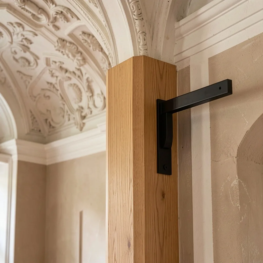 Restaurált klasszikus stukkók és modern világítástechnika részlete