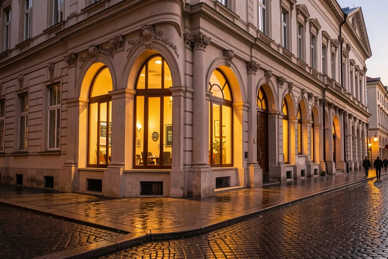 Pécs Király utca bejárat és a Fényterem épülete